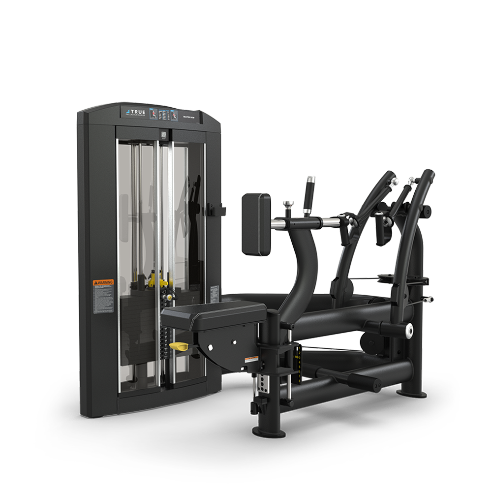 A modern black exercise machine with adjustable seats and handles, designed for strength training, positioned against a white background.