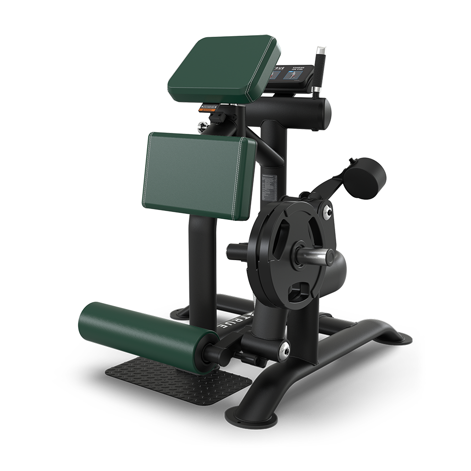 A black and green gym machine with padded supports, a weight plate holder, and a foot pad, designed for leg or thigh exercises, positioned on a metal frame against a white background.