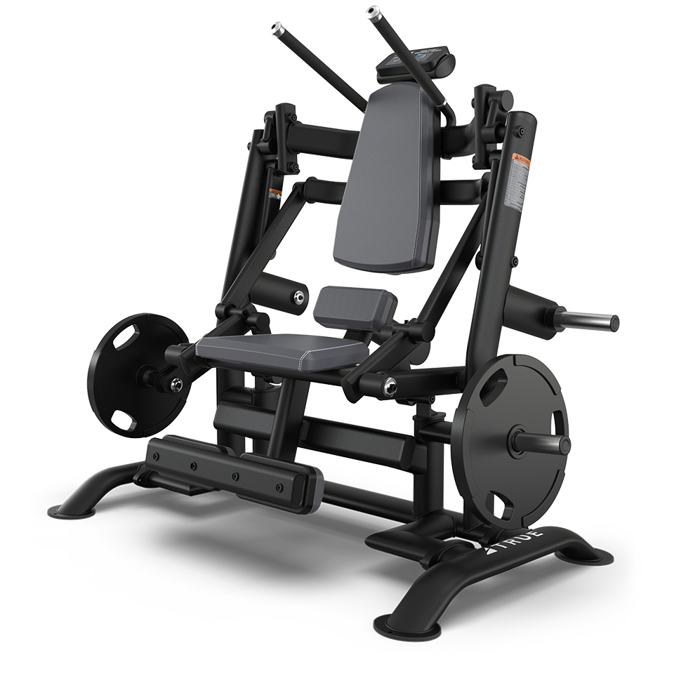 A black, angled gym machine with padded seat and backrest, foot platforms, and weight plates on each side, designed for performing leg press exercises.