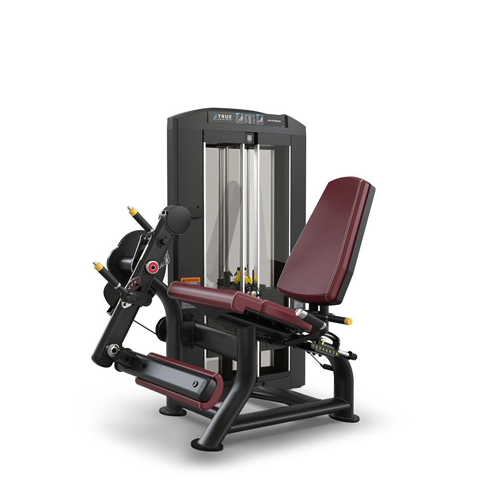 A commercial leg extension machine with maroon seat and backrest, black frame, and a weight stack in the background, designed for strengthening the quadriceps in a seated position.
