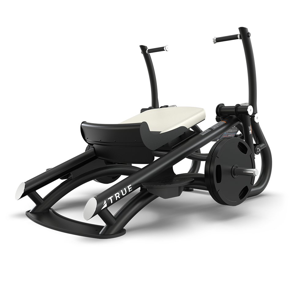 A black and silver exercise machine with a padded seat, dual handlebars, and weight plates on the sides, designed for strength training. The machine is labeled TRUE on the frame and sits on a white background.