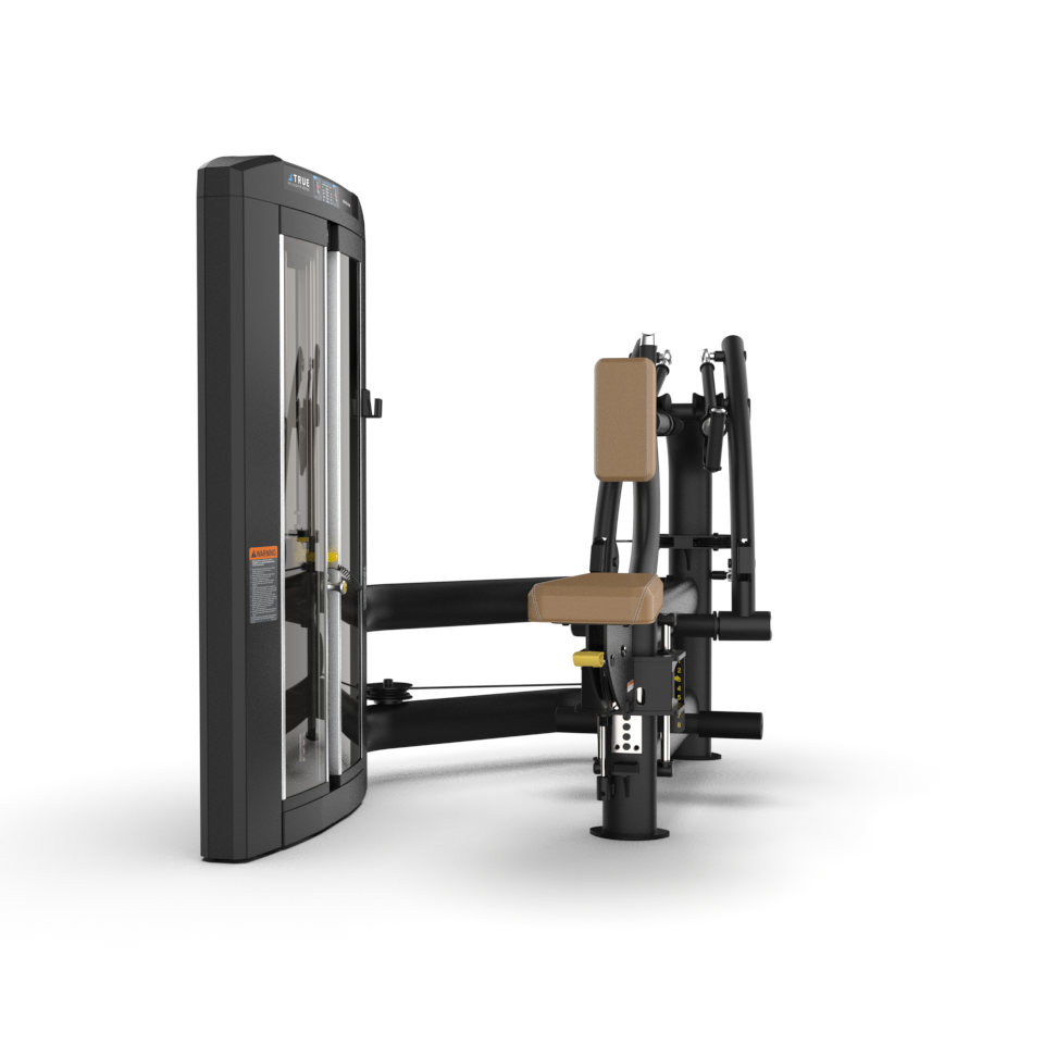 A black and brown seated strength training machine with padded seat and backrest, designed for upper body workouts, set on a white background.