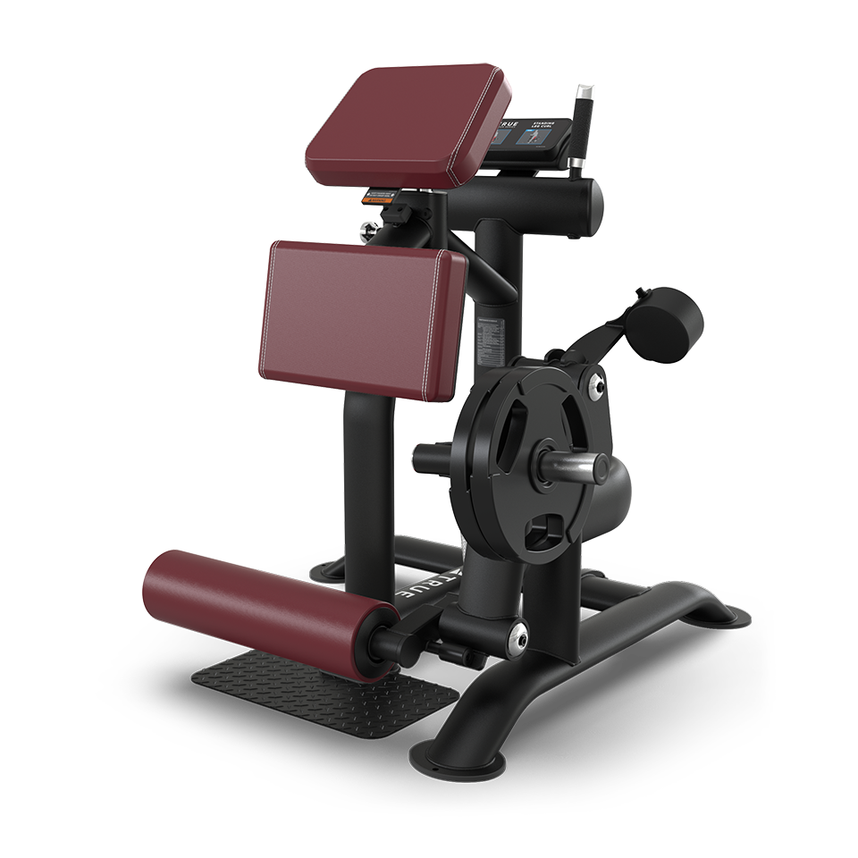 A seated gym machine with maroon pads and a black frame, designed for leg exercises. It features padded supports, a weight plate holder, adjustment knobs, and footrests on a sturdy base.