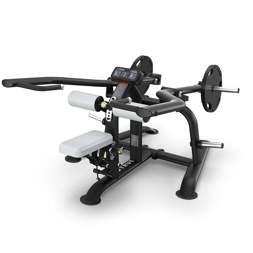 A black and silver seated gym machine with padded rollers, adjustable seat, weight plate holders, and digital display, designed for strength training exercises.