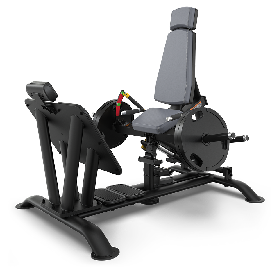 A black and gray seated leg press machine with padded backrest and seat, weight plate holders, footplate, and sturdy metal frame, designed for strength training exercises.