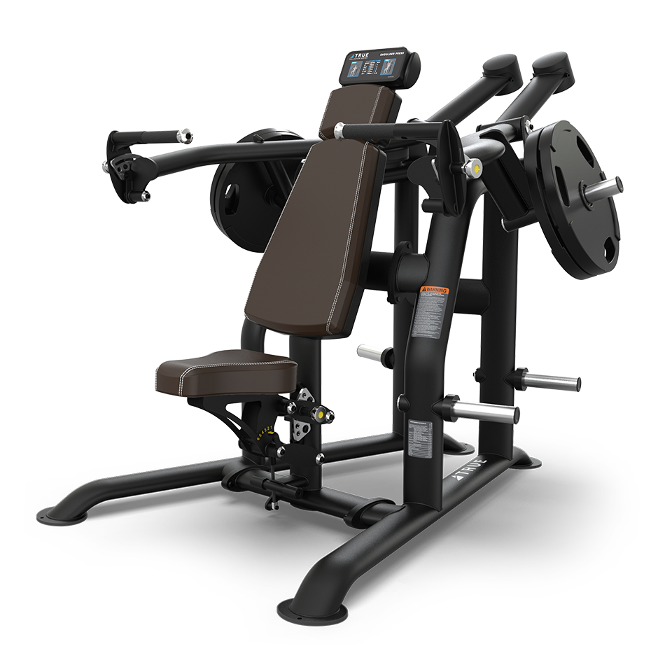 A black and brown seated strength training machine with padded seat and backrest, handles on each side, and weight plates attached for adjustable resistance. Designed for upper body workouts, especially chest and arms.