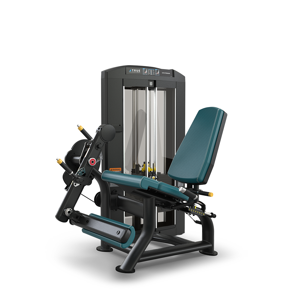 A seated leg extension machine with padded seat and backrest, weight stack, and adjustable levers for leg support, designed for gym strength training against a plain white background.