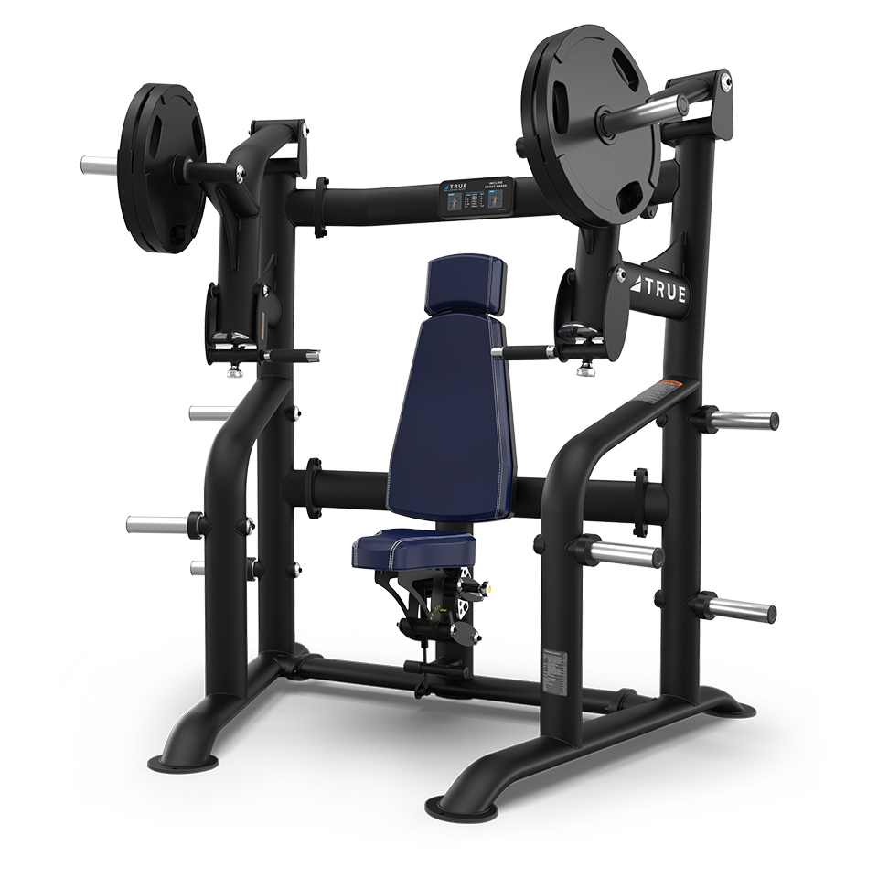 A black and blue chest press machine with weight plates loaded on either side, adjustable seat, and handles for pressing exercises, designed for strength training in a gym setting.