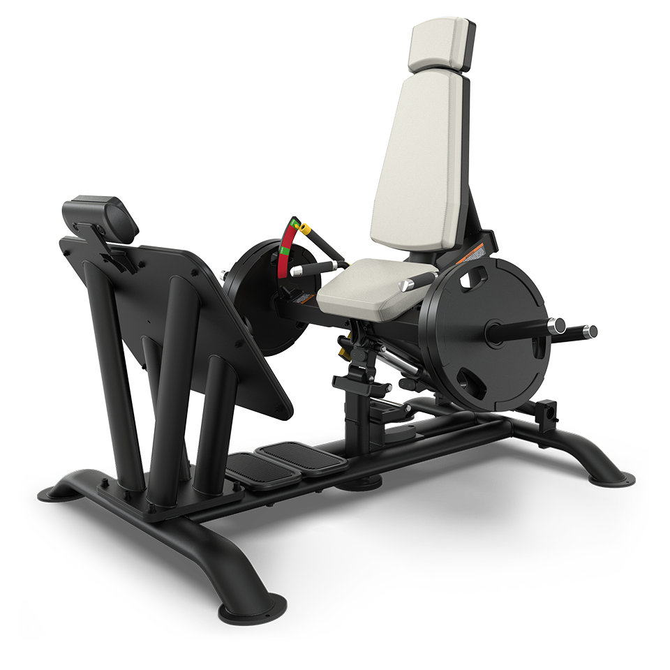 A black and white leg press machine with an adjustable seat and footplate, designed for lower body strength training, shown on a white background.