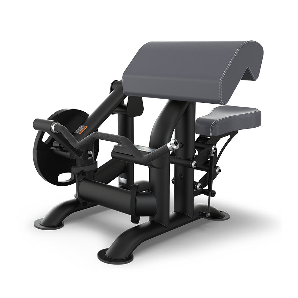 A black and gray seated preacher curl machine with padded armrest, adjustable seat, and handles for performing bicep curls, set against a plain white background.