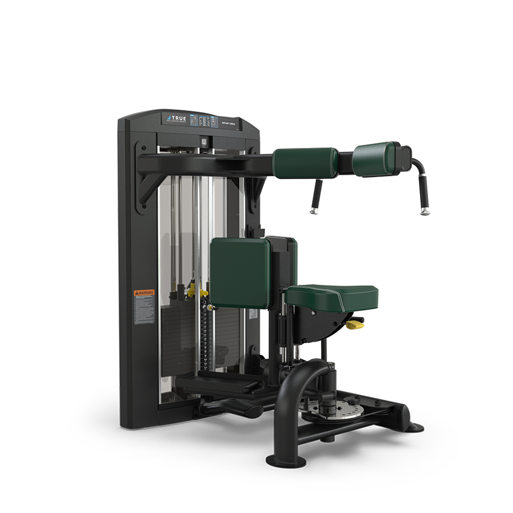 A black and green gym machine with padded seats and arm rests, designed for upper body workouts, sits on a white background. The machine has adjustable weights and handles.