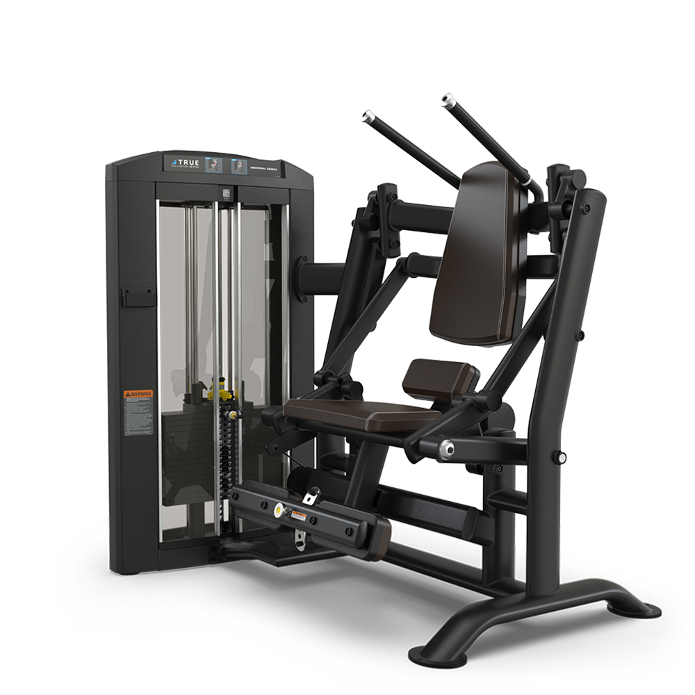A black and brown leg press machine with a padded seat and backrest, weight stack, and foot platform, designed for strength training in a gym setting.