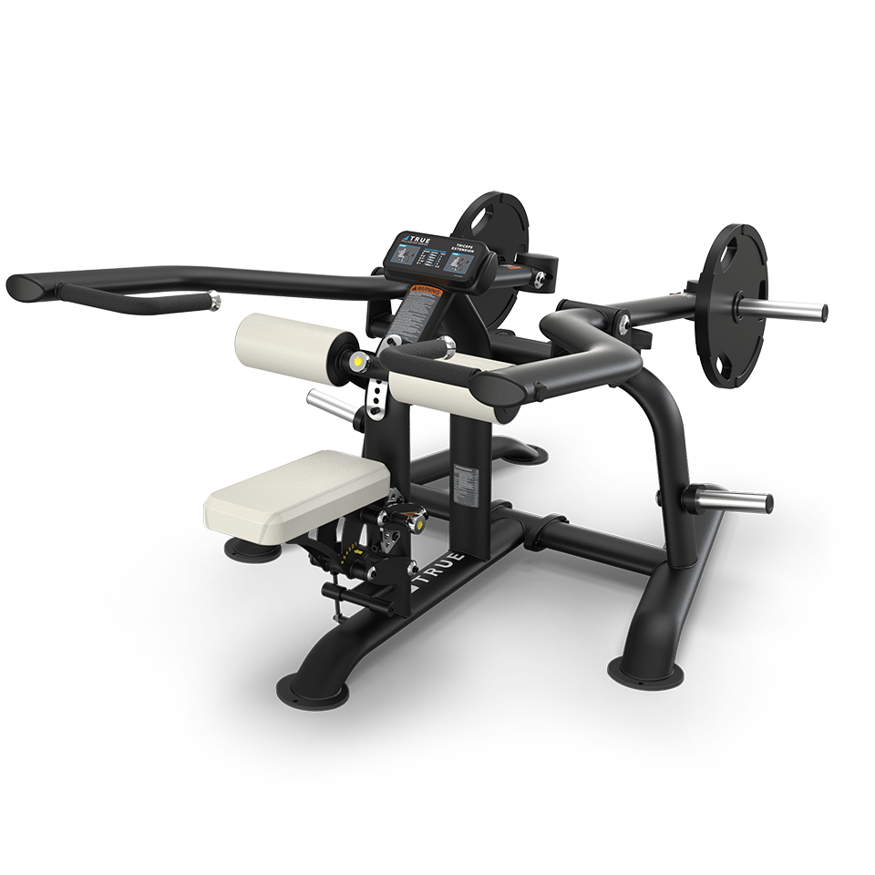 A black and white seated strength training machine with padded seat and handles, adjustable leg supports, weight plate holders, and a digital display, designed for lower body exercises.