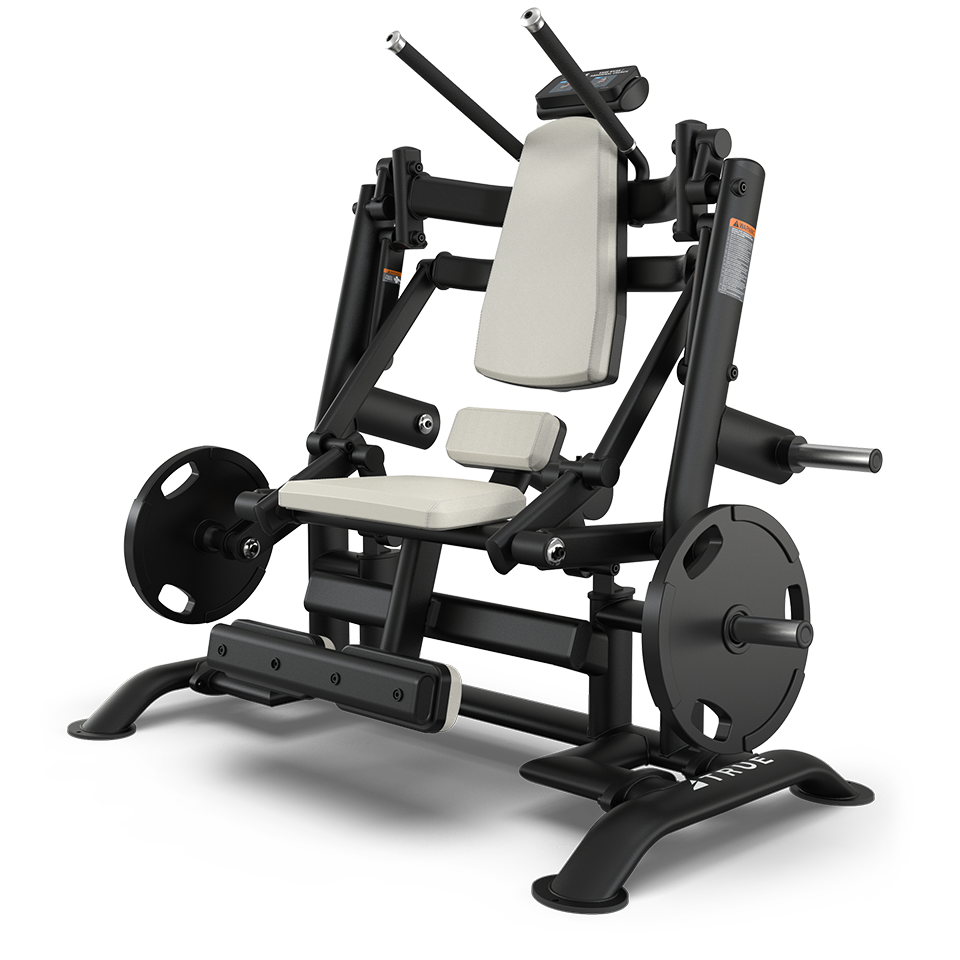 A black and white leg press machine with padded seat and backrest, weight plates on both sides, and foot platform, designed for gym strength training.
