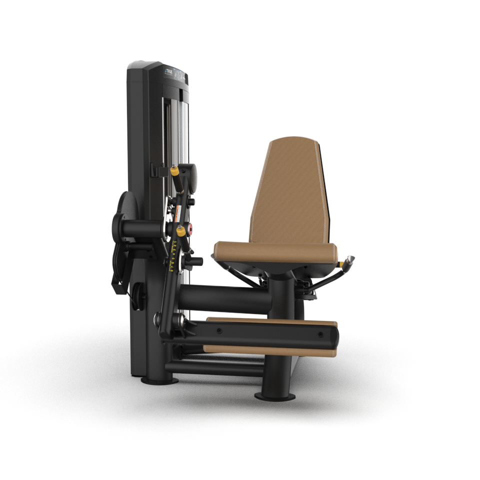 A leg extension machine with a brown padded seat and leg support, black frame, and adjustable weight stack, designed for seated leg exercises. The background is plain white.