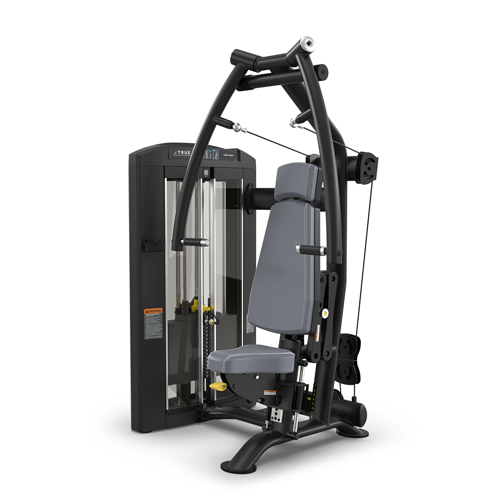 A black and gray seated chest press machine with adjustable weights, padded seat, and backrest on a white background, designed for strength training exercises in gyms or fitness centers.