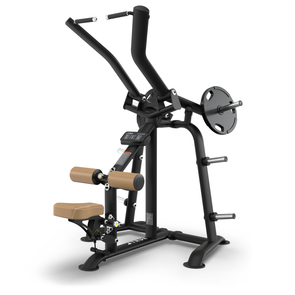 A black and brown seated gym machine with padded seat and leg support, designed for upper body strength exercises, featuring multiple handles, weight plate holders, and an adjustable resistance mechanism.