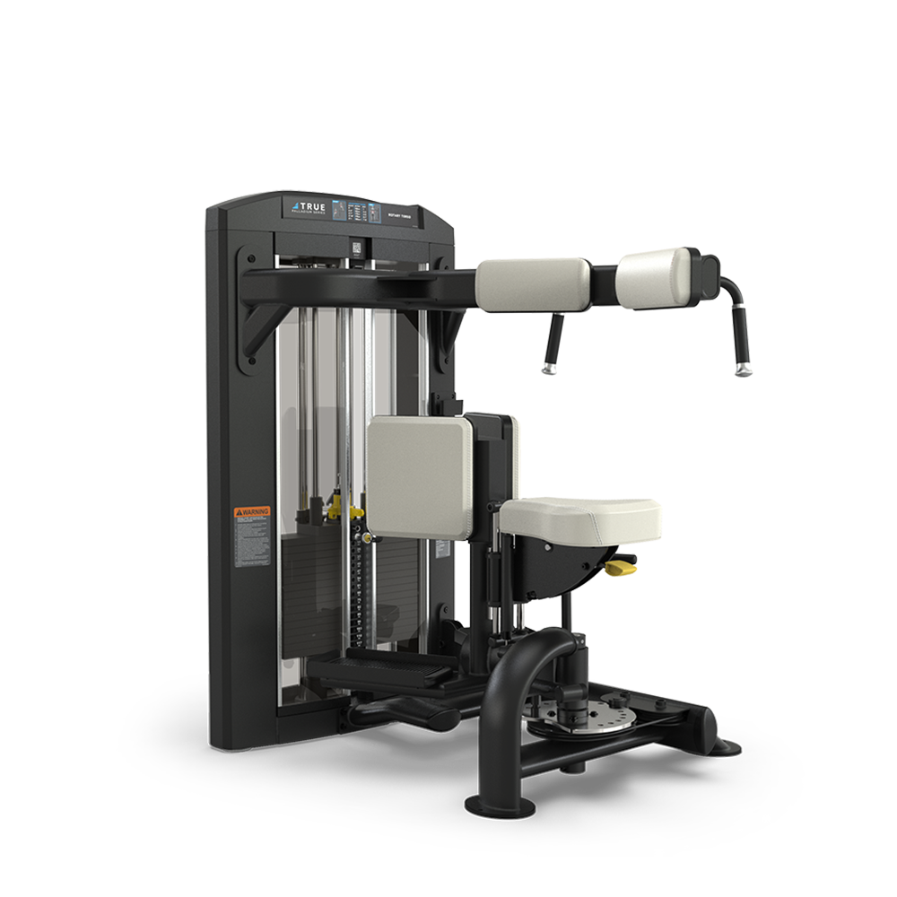 A black and gray gym machine with padded seats and arm rests designed for upper body exercises, featuring adjustable weights and instructional labels. The background is plain white.