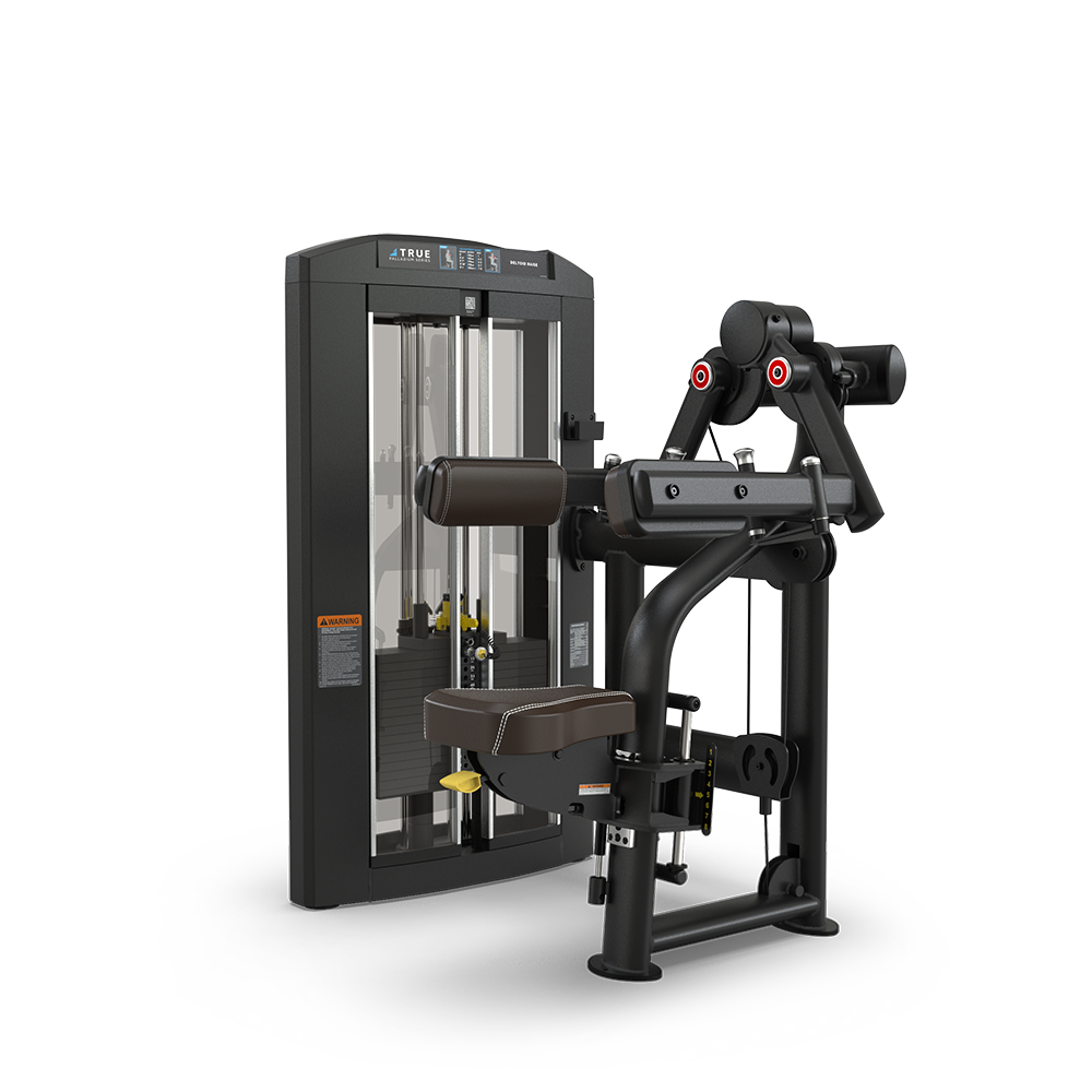 A black and silver commercial-grade gym machine designed for back extension exercises, featuring padded support, adjustable seat, weight stack, and instructional labels, set against a plain white background.