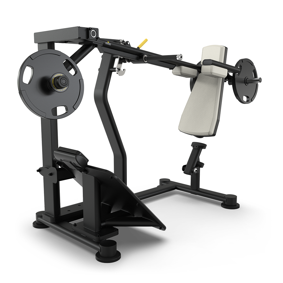 A black and silver plate-loaded chest press machine with angled backrest, handles, foot platform, and weight plates attached on both sides, designed for upper body strength training.
