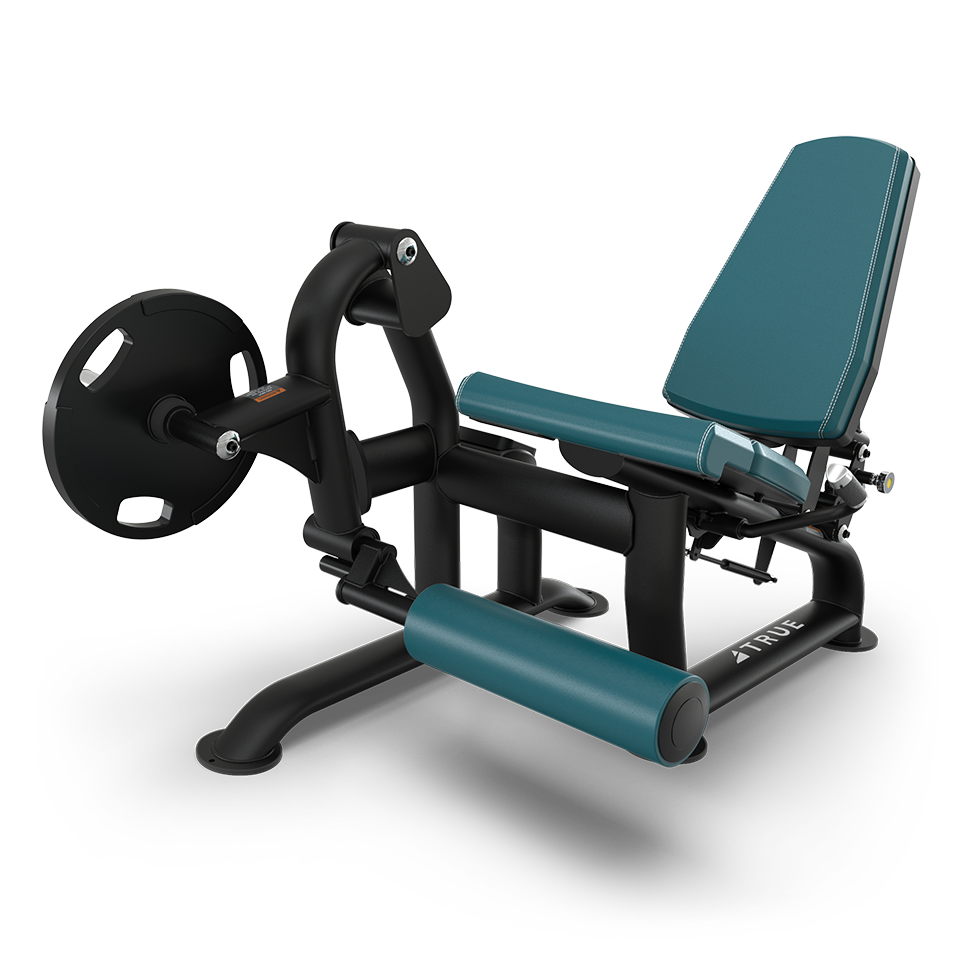 A teal and black leg extension machine with an adjustable padded seat and leg rollers, designed for strength training in a gym setting, featuring a weight plate for resistance.