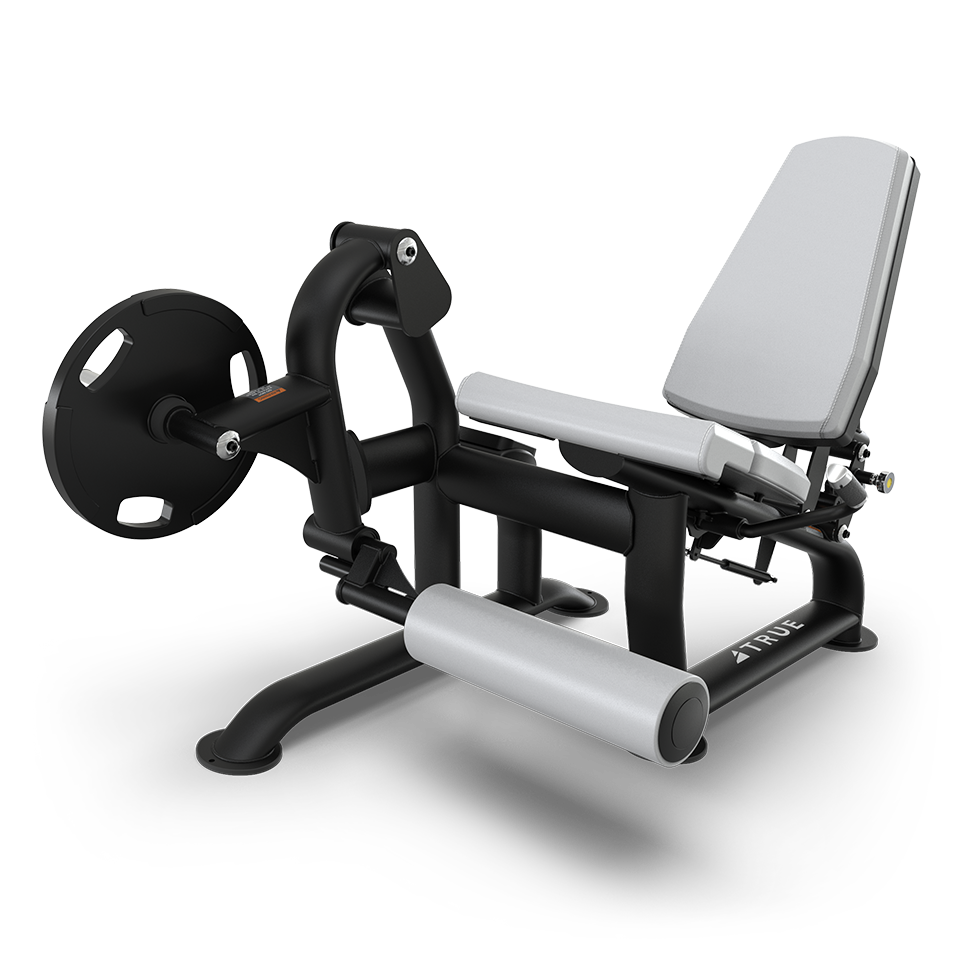 A black and silver leg extension machine with a padded seat and backrest, weight plate loaded on one side, and padded rollers for leg support, used for strength training exercises.