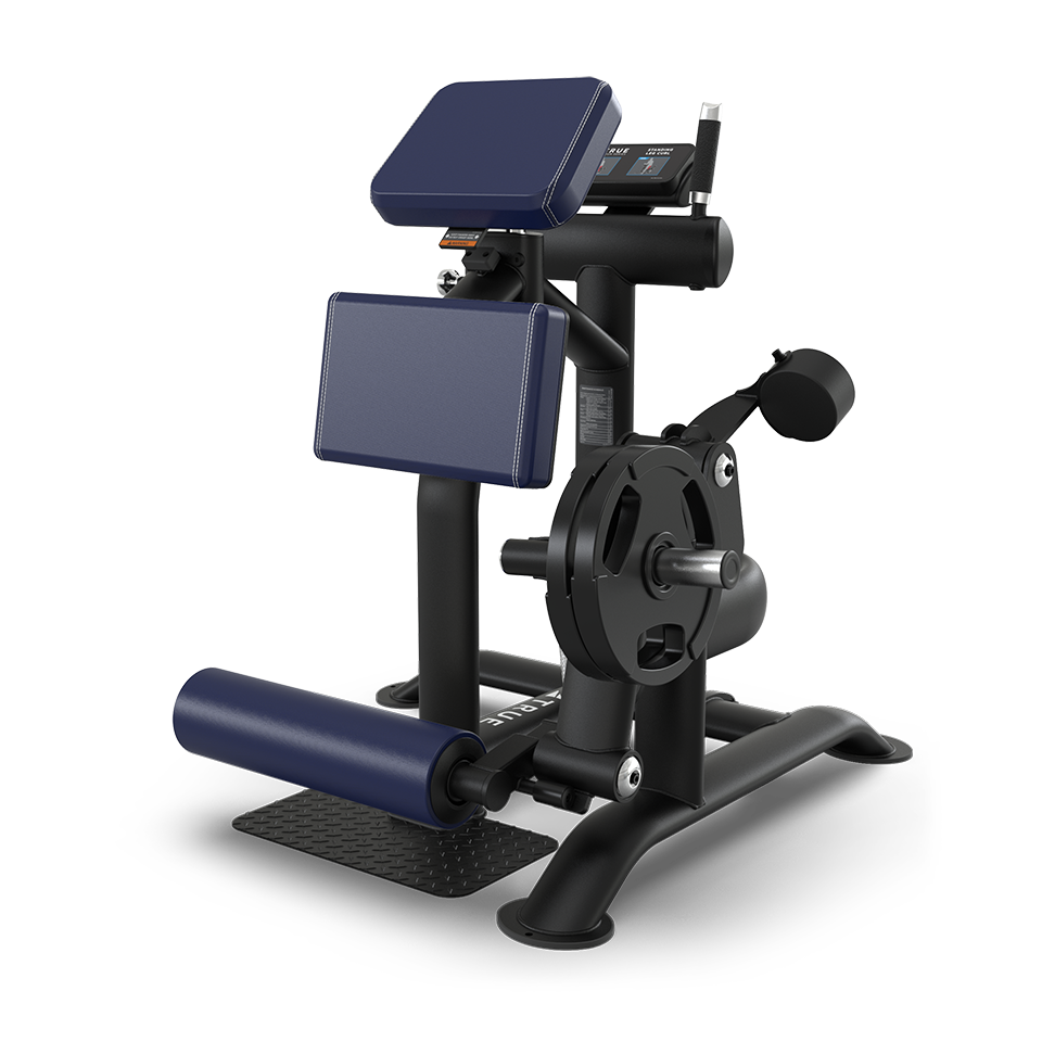 A black and navy blue gym machine with padded rollers and support pads, designed for leg or thigh exercises, featuring a weight plate holder and digital display on a sturdy base.
