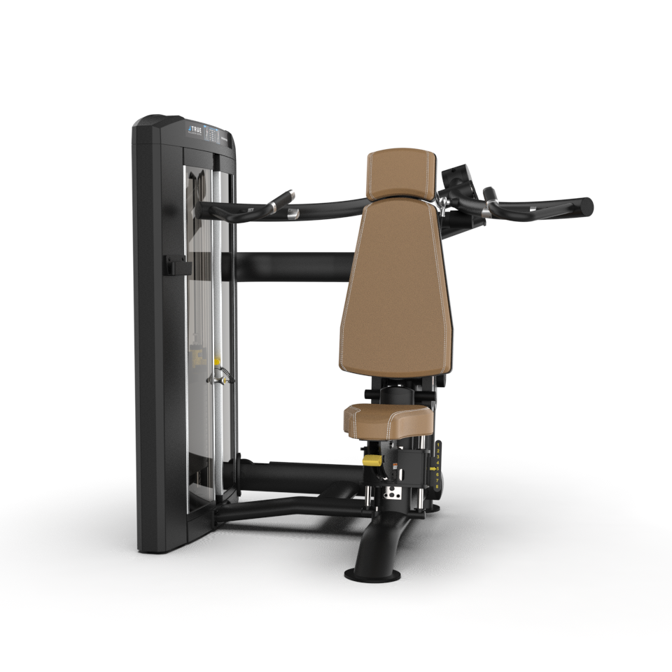 A seated chest press machine with a padded brown seat and backrest, black frame, and dual handles, designed for strength training in a gym setting.