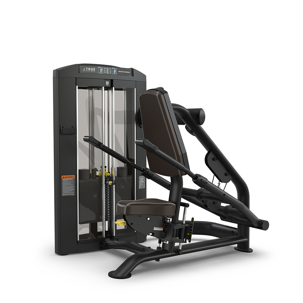 A black and gray seated chest press machine with padded seat, backrest, and handles, designed for strength training in gyms. The machine has a weight stack and adjustment options on the side.