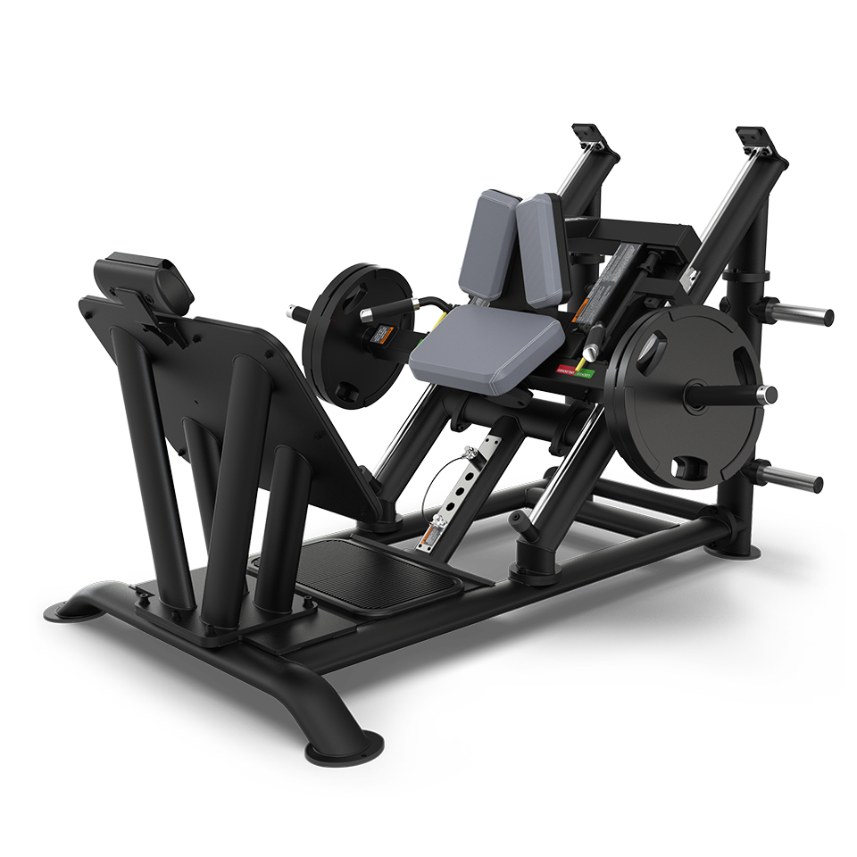 A black leg press machine with padded back and seat rests, footplate, and loaded weight plates on both sides, designed for gym strength training exercises.