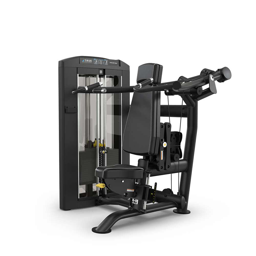 A black seated chest press machine with padded seat, backrest, and handles, designed for strength training, displayed on a plain white background.
