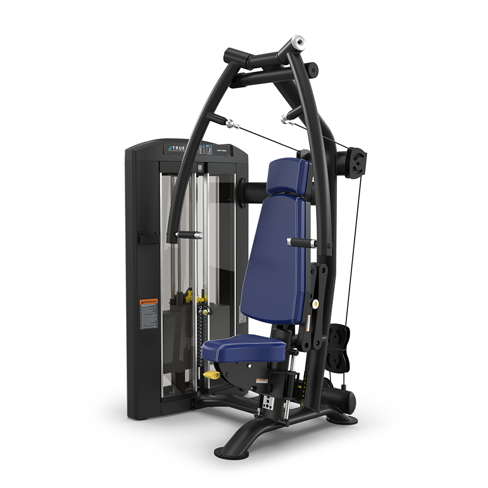 A black and blue seated strength training machine with adjustable cables and padded bench, designed for upper body workouts such as chest and shoulder presses, set against a plain white background.