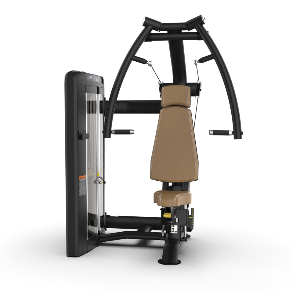 A gym chest press machine with a brown padded seat and backrest, black frame, and dual curved handles. Weight stack and adjustment panel are on the left side. The machine is isolated on a white background.