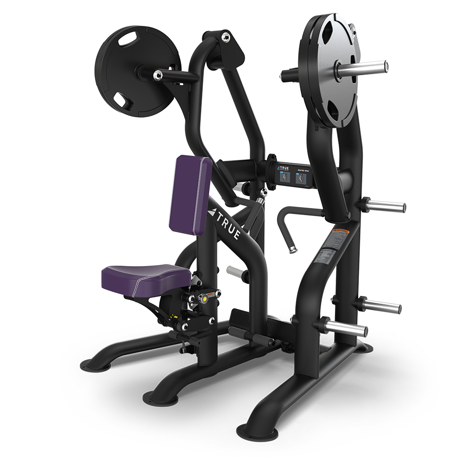 A black and purple seated strength training machine with padded seat and backrest, lever arms, and weight plates mounted on both sides. The machine is designed for upper body workouts.