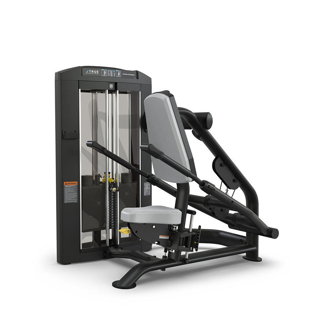 A seated chest press machine with a padded backrest and handles, featuring a stack of adjustable weights in an enclosed black frame. The equipment is designed for upper body strength training.