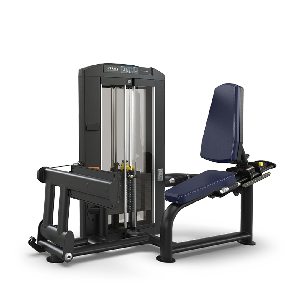A black and blue seated leg extension gym machine with padded seat, adjustable backrest, and weight stack, designed for targeting quadricep muscles.