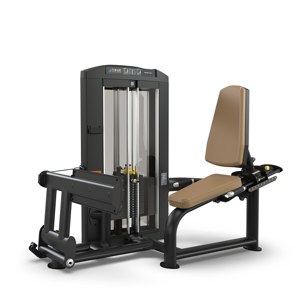 A gym leg press machine with a vertical weight stack, brown padded seat, and backrest, designed for seated leg exercises. The frame is black, and there are adjustment levers beside the seat.