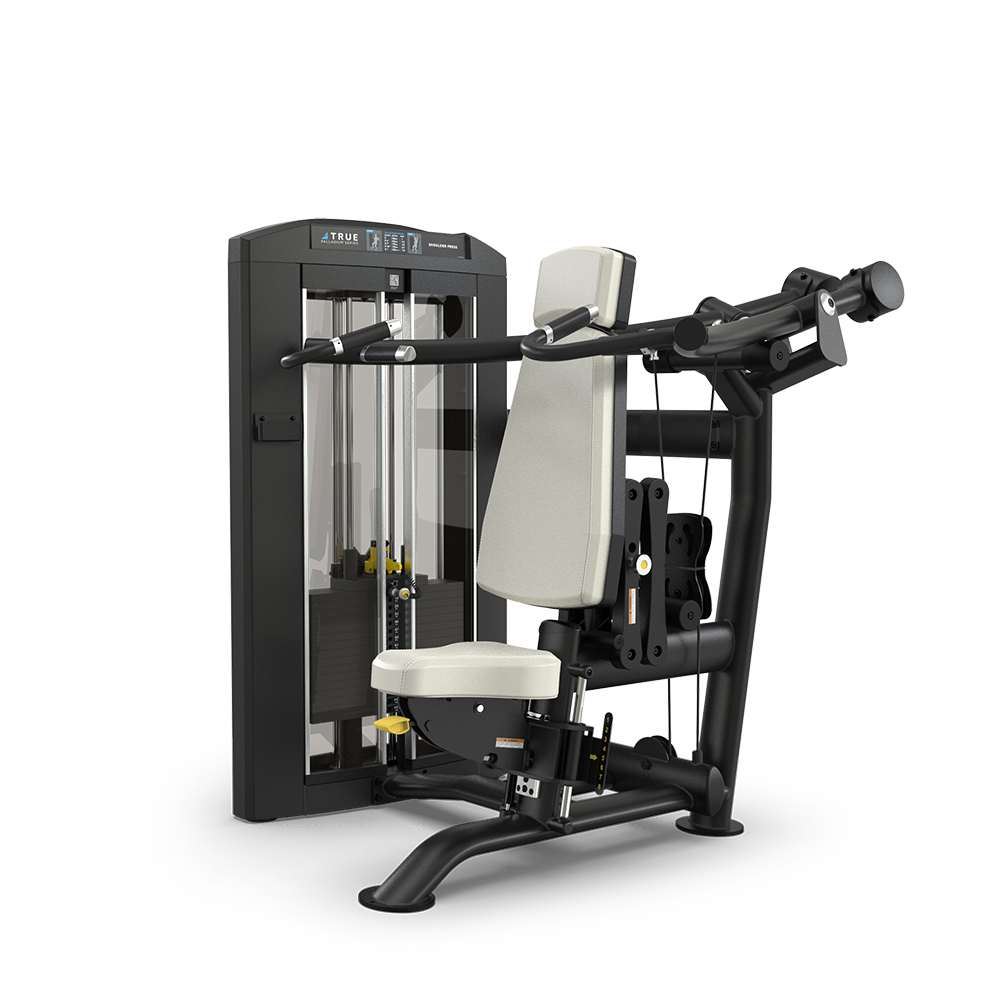 A black and silver seated chest press gym machine with padded seat and backrest, adjustable arms, and weight stack on the side, designed for strength training exercises.