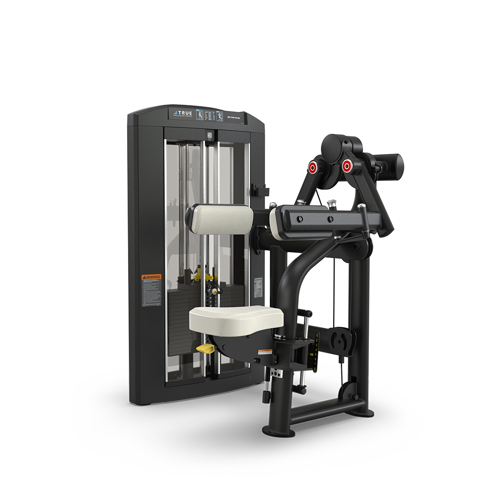 A black and silver seated exercise machine with padded seat and backrest, designed for gym use, featuring adjustable settings, weight stack, and handles for arm or shoulder workouts, against a plain white background.