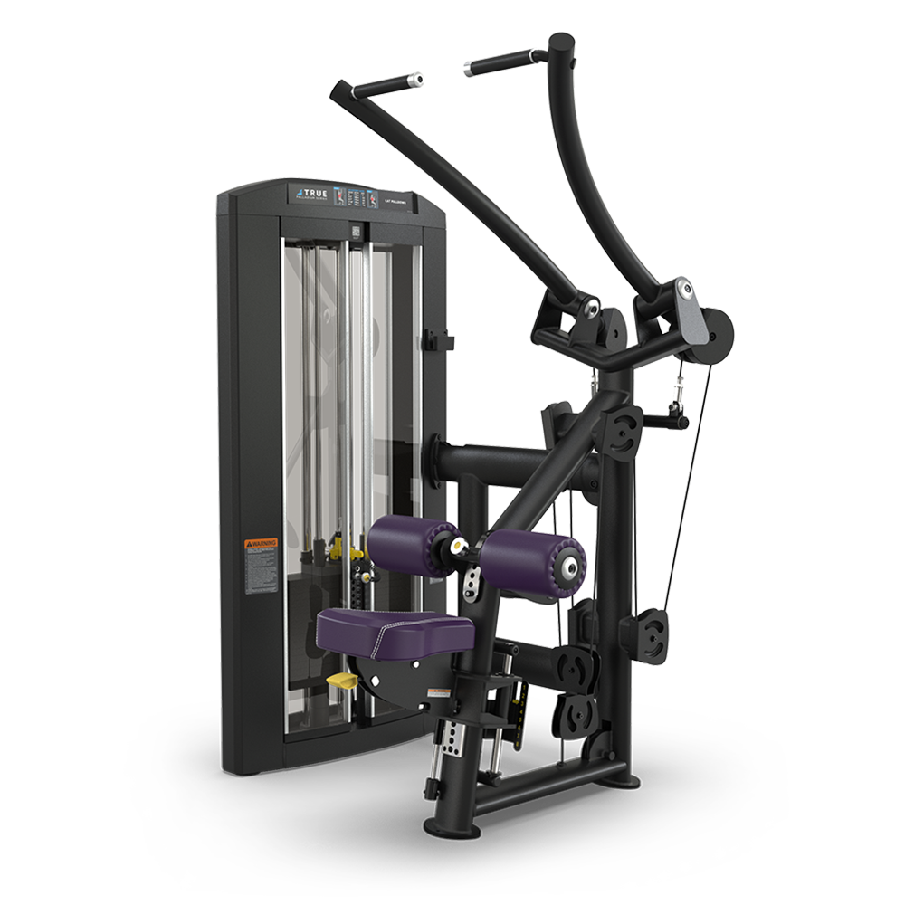 A black and purple exercise machine with padded seats and handles, designed for upper body strength training, featuring adjustable weights and multiple support bars.