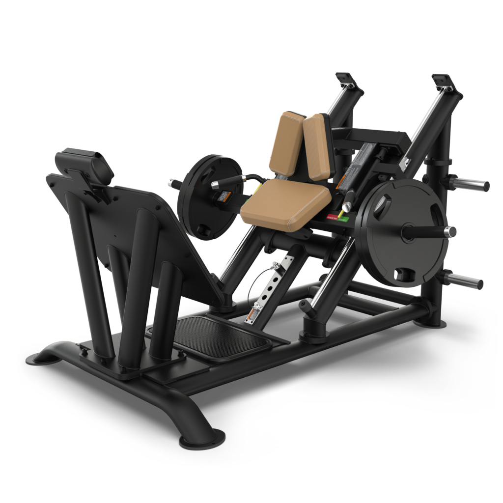 A black and brown leg press machine with padded seat and backrest, angled footplate, and weight plates loaded on each side, designed for lower body strength training.