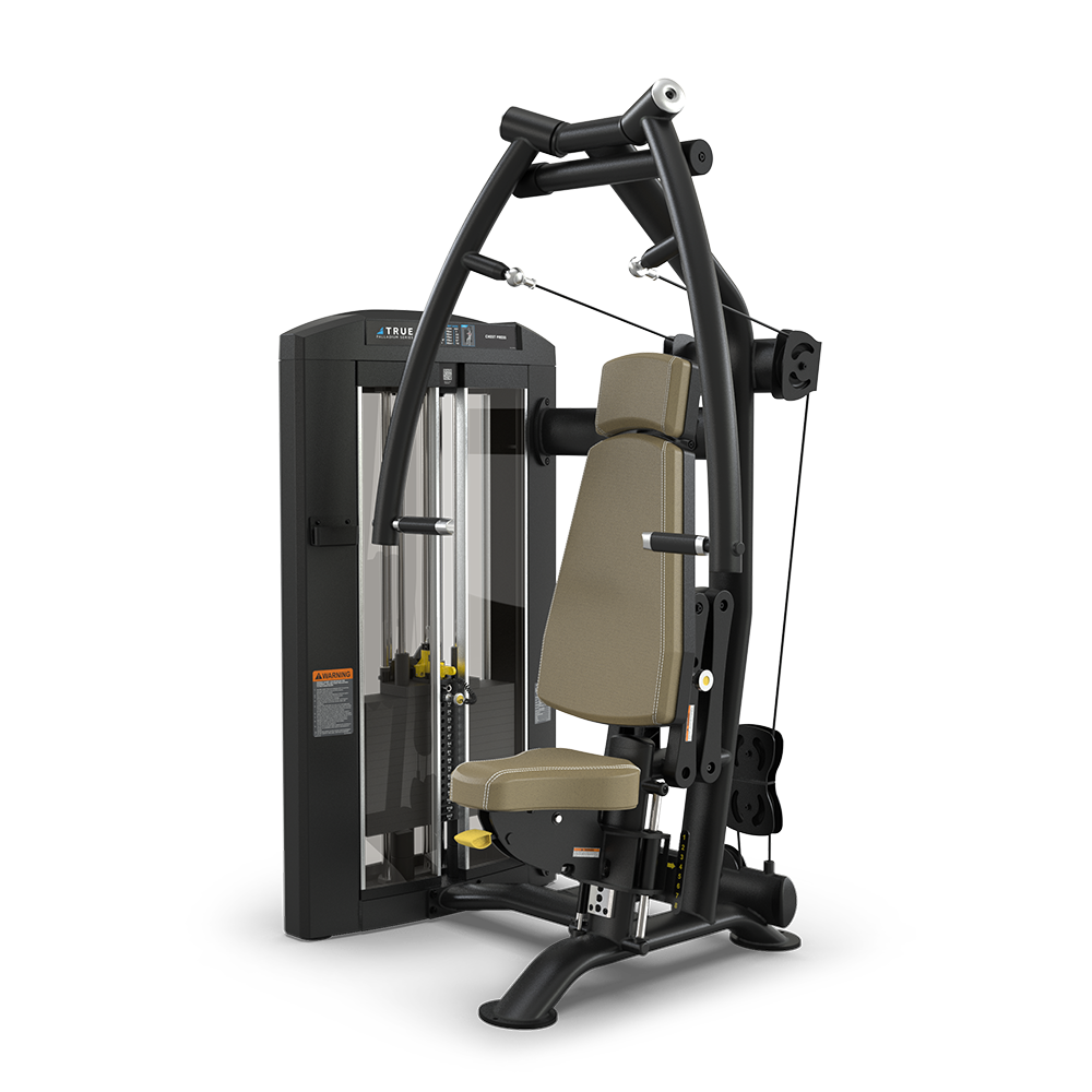 A commercial gym machine with a padded seat and backrest, handles, adjustable weights, and a black metal frame, designed for performing chest press and other upper body exercises.