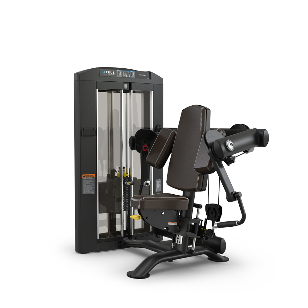 A black and gray seated gym machine with padded seats and arm supports, designed for upper body strength exercises, set against a plain white background.