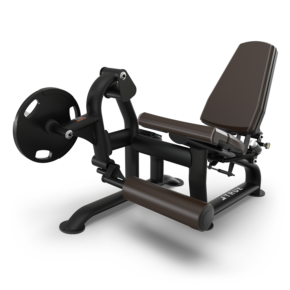 A black and brown leg extension and curl gym machine with padded seat, backrest, and rollers, designed for lower body strength training. A weight plate is attached to one side for resistance adjustment.