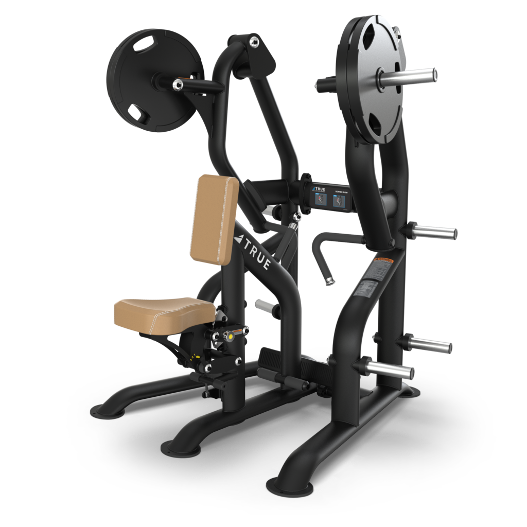 A black, plate-loaded seated shoulder press machine with tan padding, weight plates, and handles, designed for upper body strength training. The machine has a sturdy frame and is placed against a plain white background.