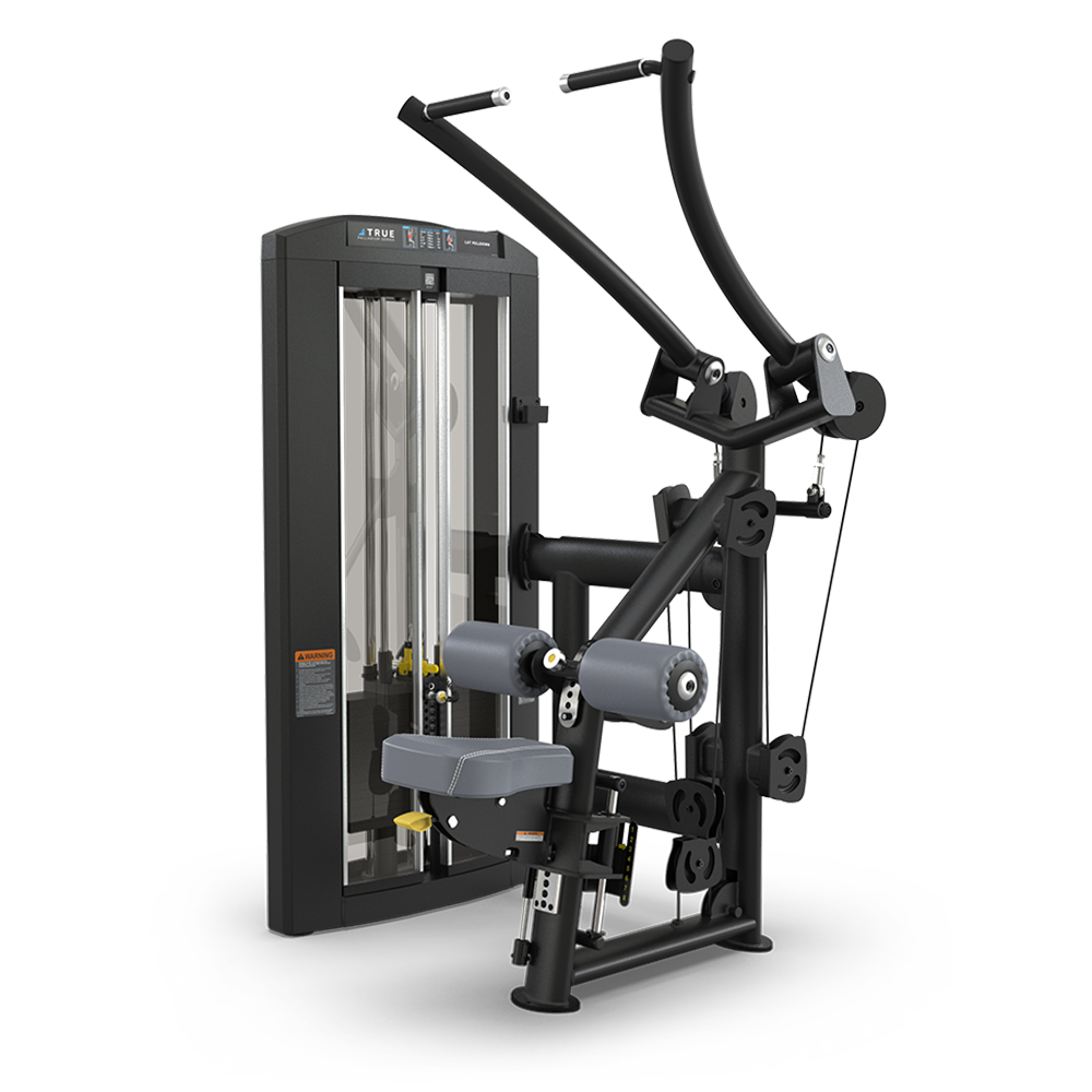 A black and gray strength training machine with adjustable seat, padded rollers, and handles, designed for upper body workouts such as the lat pulldown, set against a plain white background.