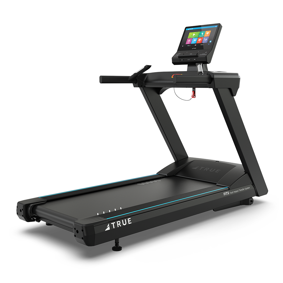 A modern black treadmill with a large touchscreen display, control buttons, safety clip, and sturdy handrails, positioned on a white background. The brand TRUE is visible on the base.