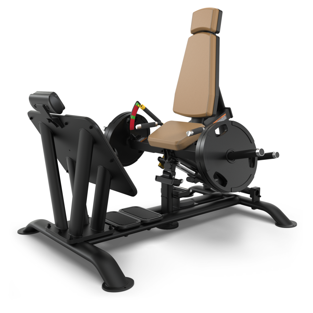 A black and tan leg press machine with a padded seat and backrest, footplate for leg positioning, and adjustment handles, designed for lower body strength training.