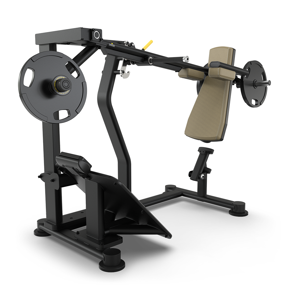 A black and tan gym machine designed for chest press exercises, with padded seat and backrest, two handles, and weight plates mounted on both sides.