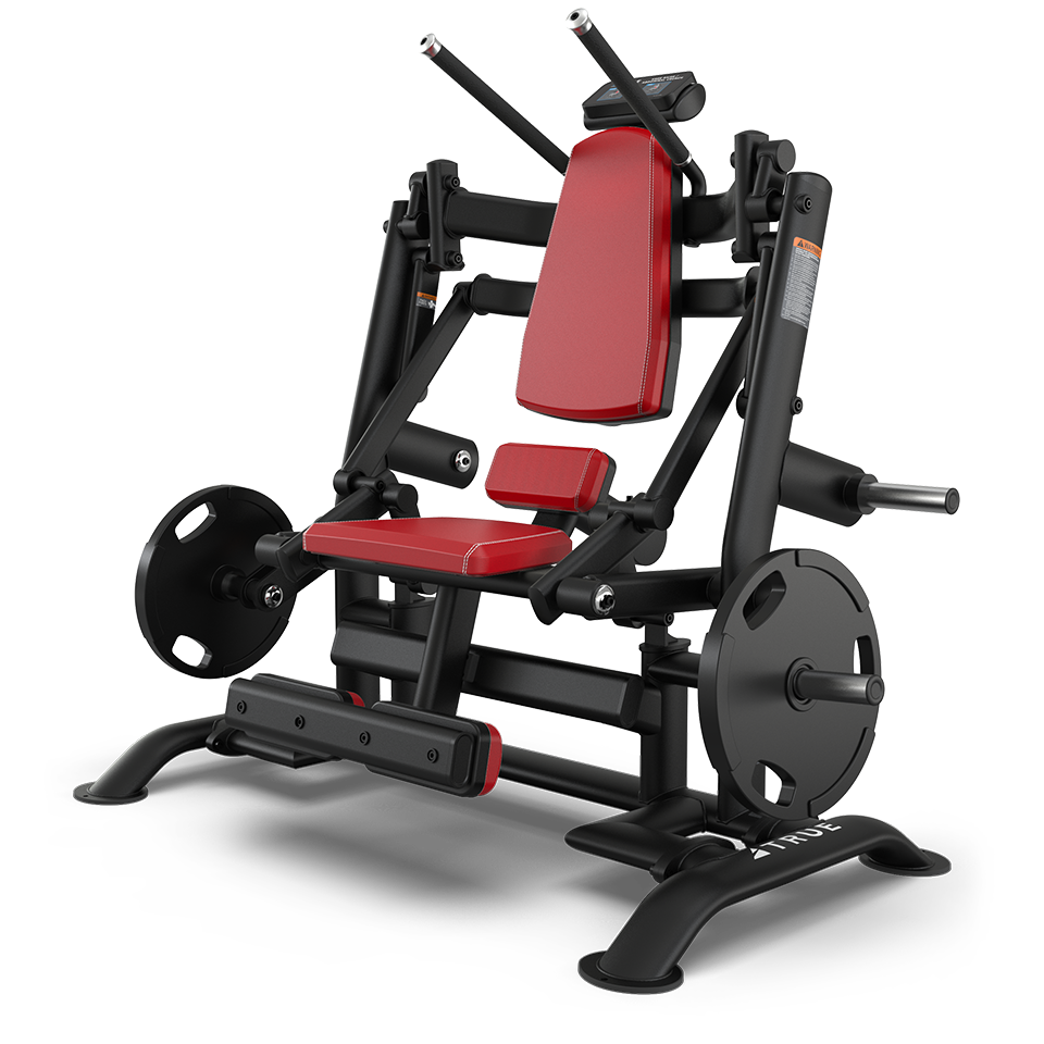 A black and red gym machine with padded seat and backrest, adjustable arm levers, footrests, and weight plates, designed for seated strength training exercises.